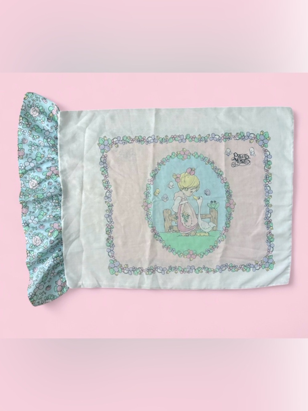 Vintage Precious Moments Girl & Goose Pastel Floral Ruffle Trim Pillowcase